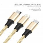 Wholesale 3 in 1 IP Lighting Type C Micro Metal Nylon Woven Aluminum USB Cable 4ft for iPhone, iDevice (Gold)